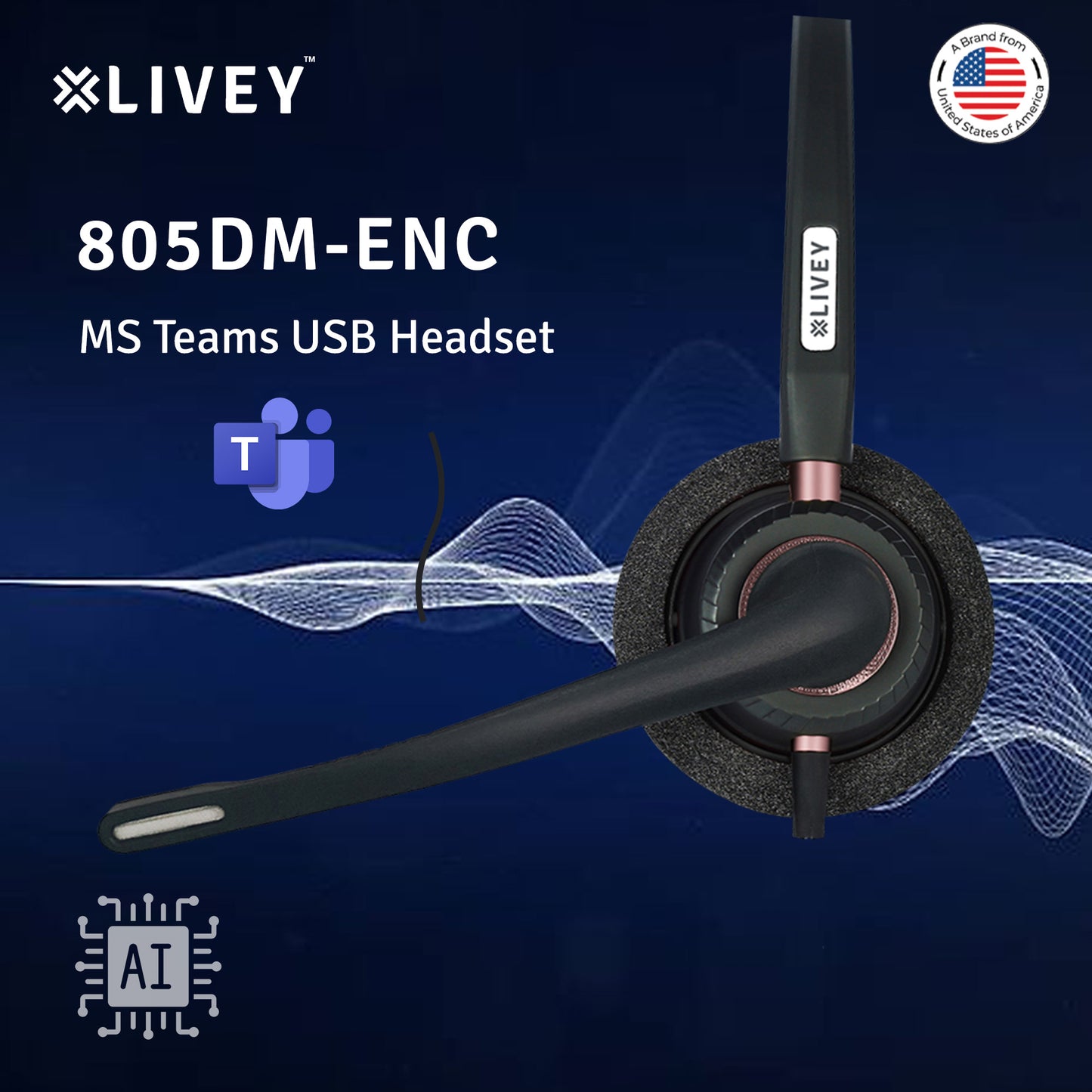 LIVEY 805DM AINC USB Headset, Optimized for MS Teams, UC
